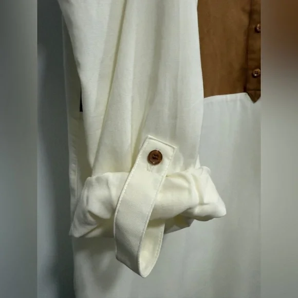 August Silk Women’s L Blouse Faux Suede Brown Cream Western Neutral Career EUC - Picture 15 of 16